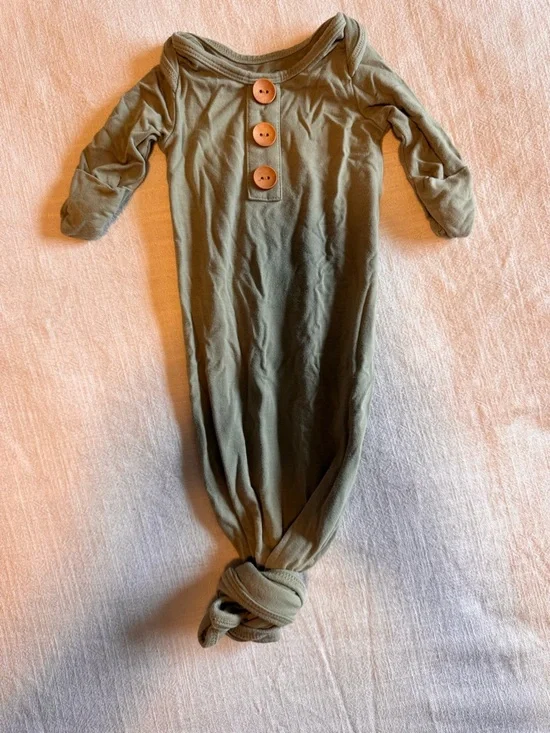 Preemie 4-6 lbs Caden Lane Olive Green Infant Gown with Wooden Button Accent - Picture 2 of 3